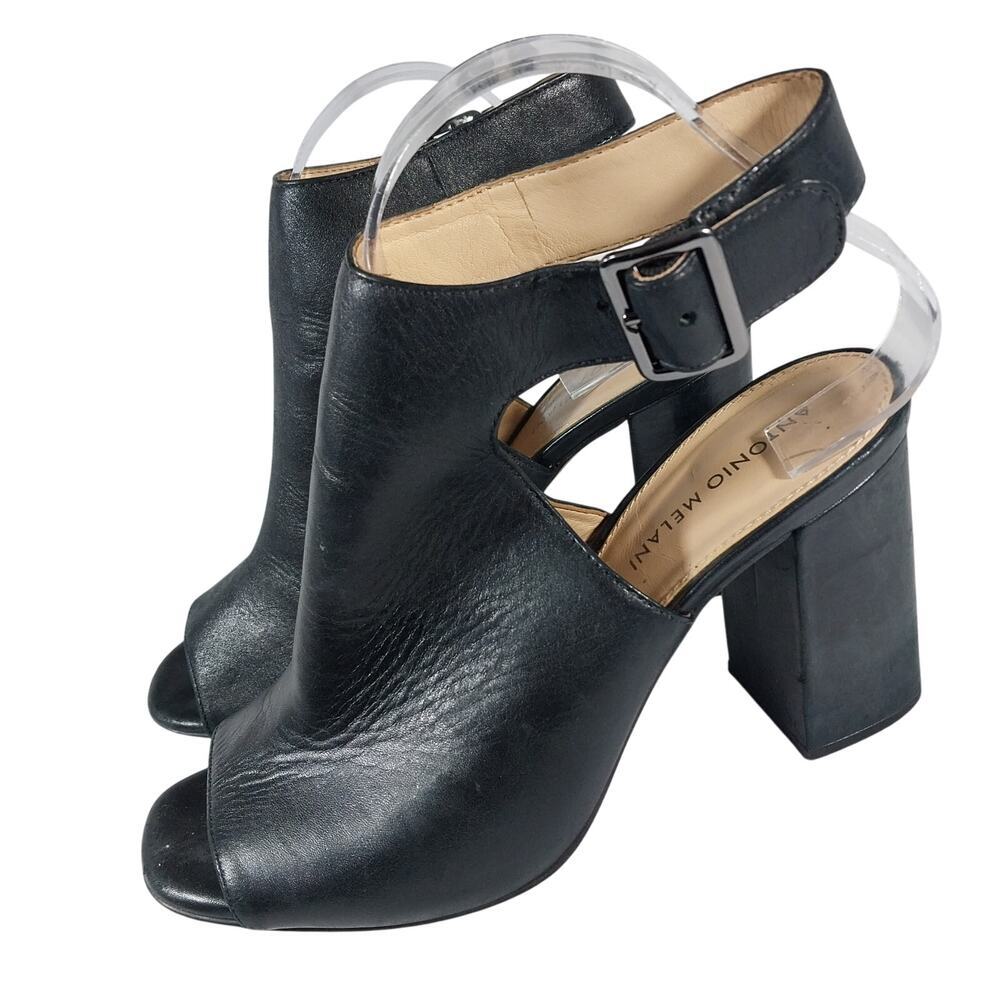 ANTONIO MELANI! IVEN BLACK GENUINE LEATHER ULTRA CHUNKY HEELS PEEP-TOE,! SZ 8.5M